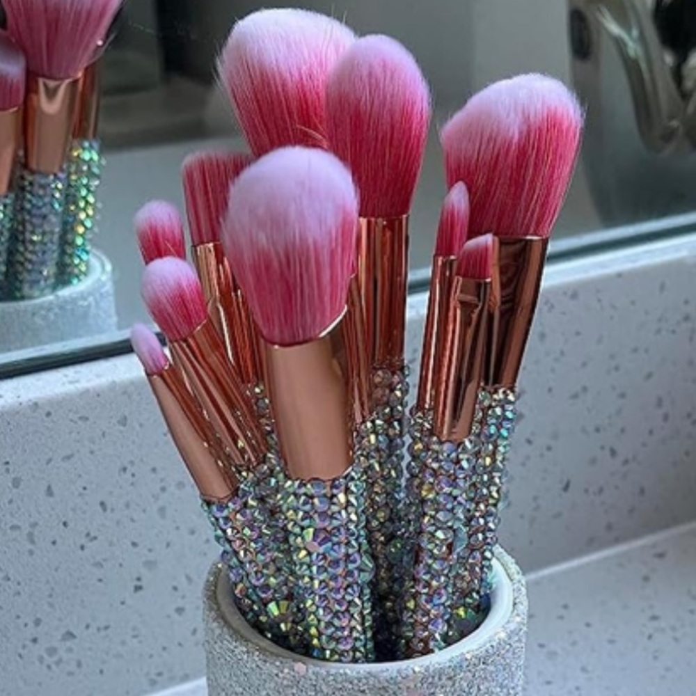 Pink and Silver crystallized bedazzled 13 piece Makeup Brush Set with holder - Picture 2 of 7